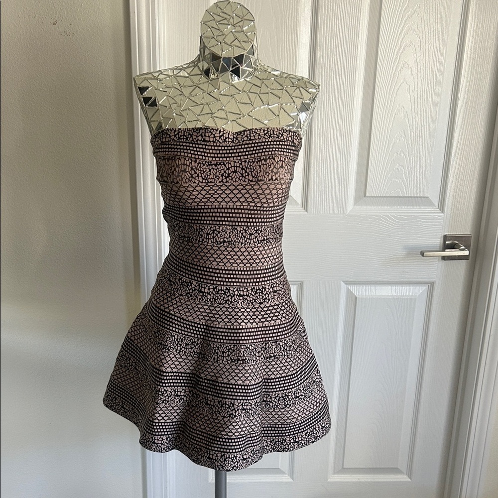 Herve Leger Black and Pink Peplum Mini Strapless Dress
